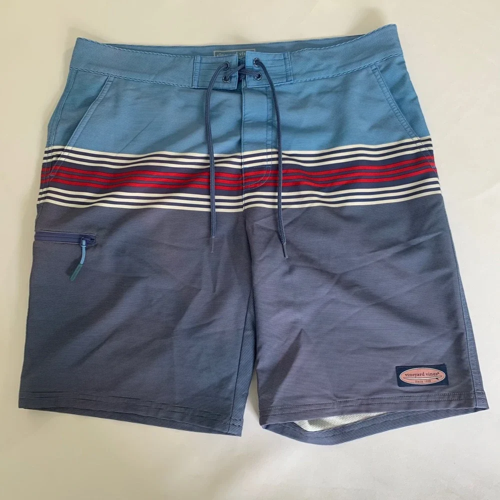 Vineyard Vines Board Shorts Men 32 Blue Striped Performance Stretch Surf Coastal